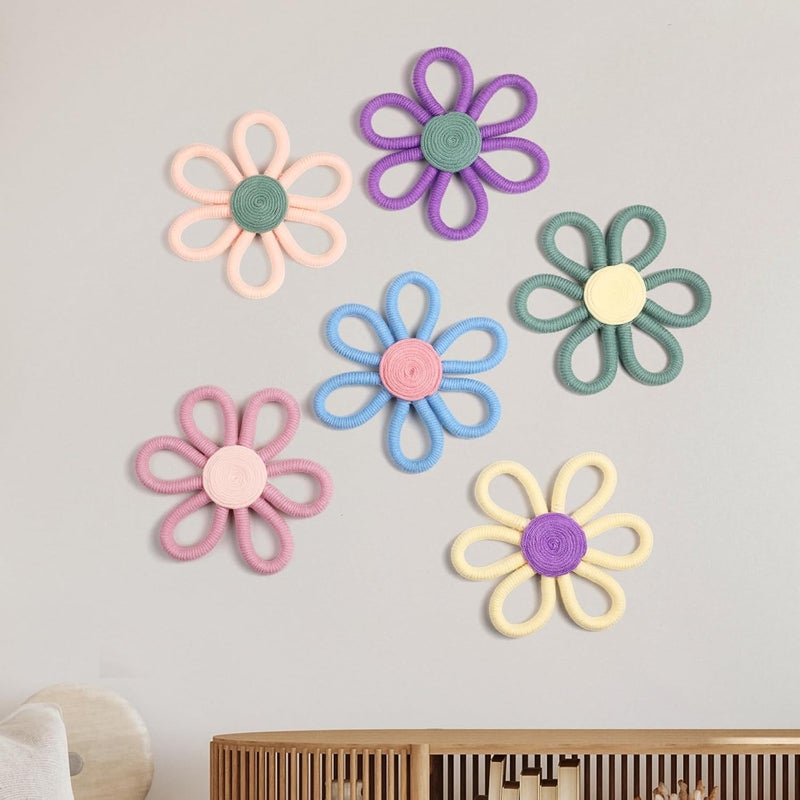Ripeng 6 Pcs Boho Nursery Decor Flower Daisy Wall Art 6 Inch Woven Macrame Wall Hanging Bohemian Flower Decor Daisy Nursery for Baby Girls Kids Home Bedroom(Vivid Colors) - Image 1